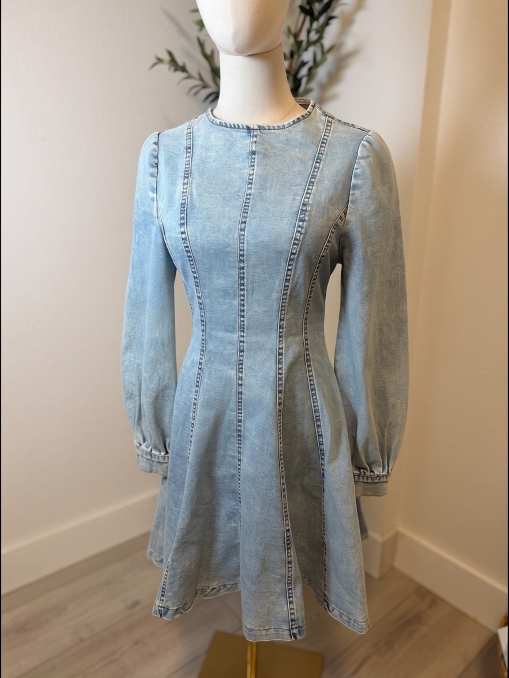 Light Wash Denim Long-Sleeve Fit & Flare Dress